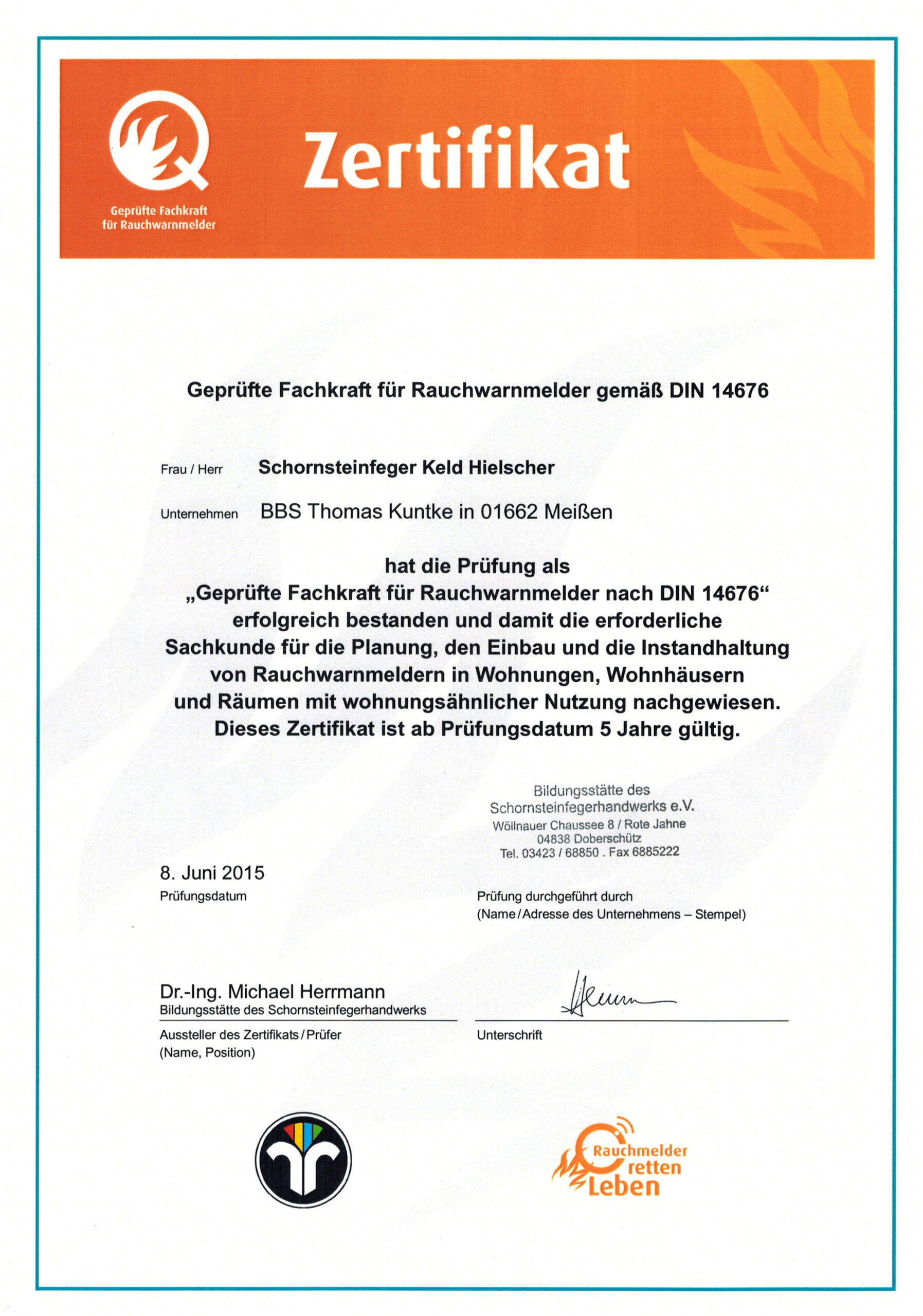 Zertifikat Rauchwarnmelderlehrgang